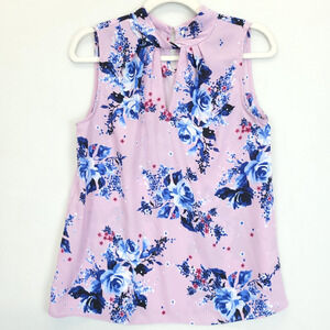 Elle Top Keyhole Crew Neck Purple Blue Floral Women XS Sleeveless Office Wear